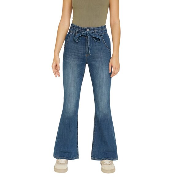 Almost Famous Y2K Juniors Size 11 High Rise Flare Jeans Blue Denim Tie Belt - Picture 3 of 14